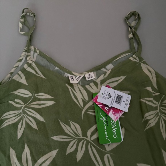 Roxy‎ Dress Green White Leaf Print Spaghetti Strap Midi ALine Casual Womens M - Picture 3 of 8